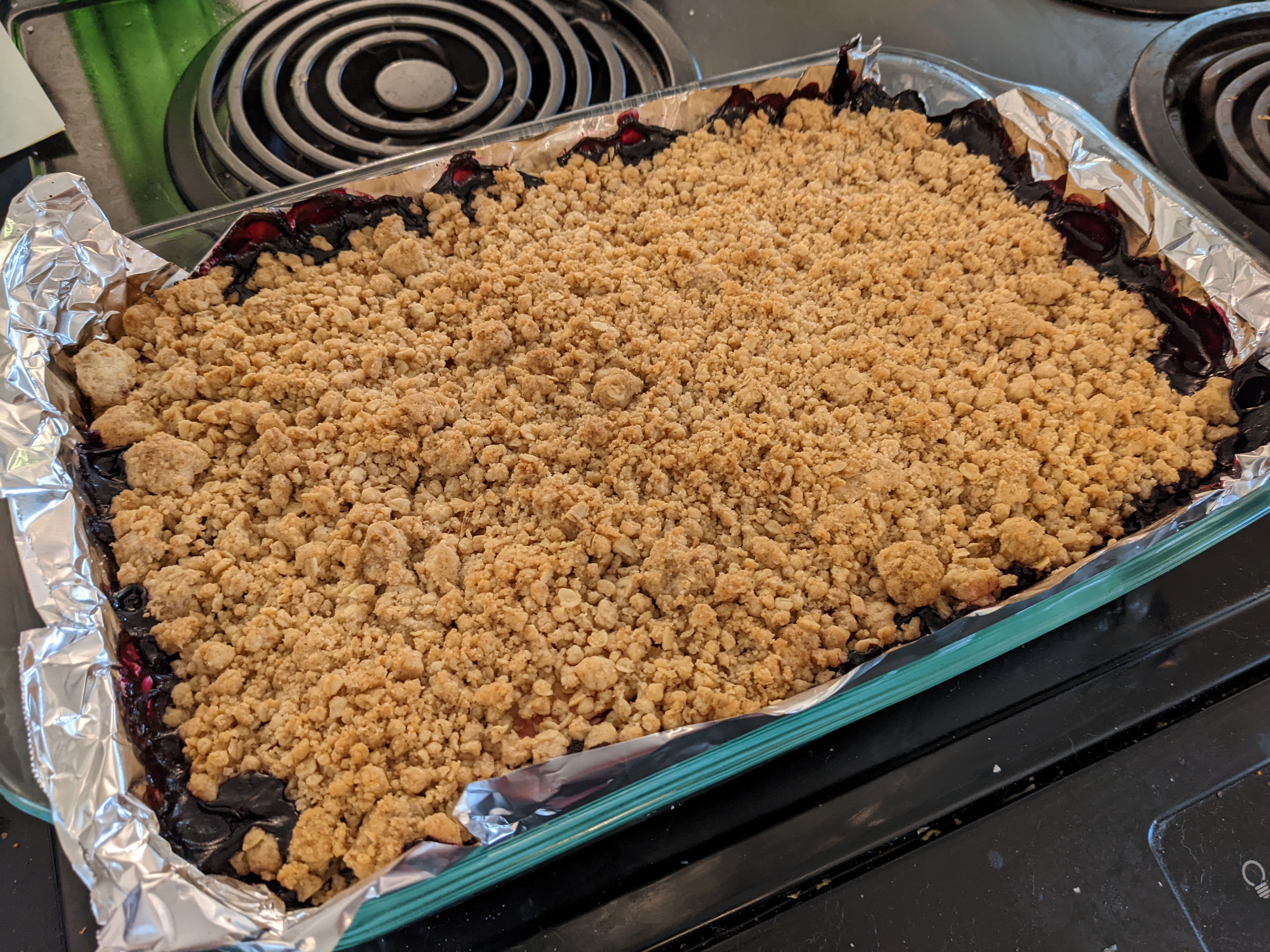 Pan of blueberry crumble