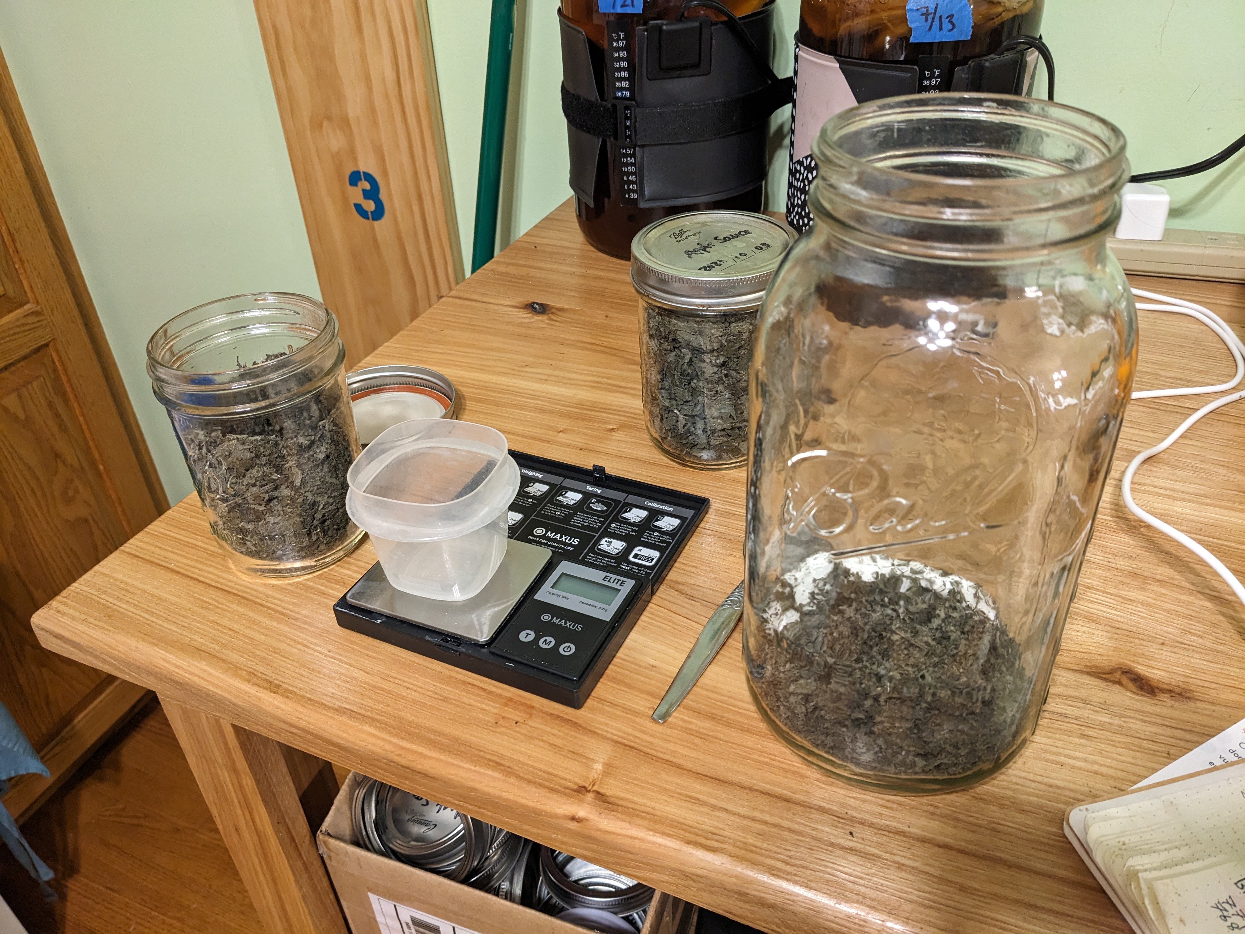 weighing out mint leaves for tea
